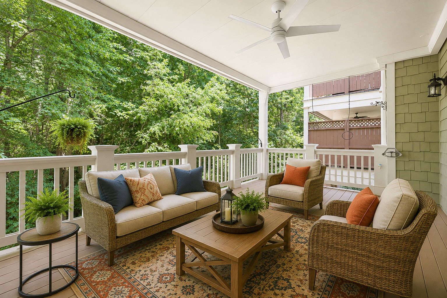 Covered porch overlooking the woods